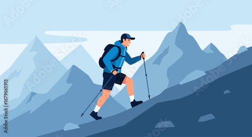 Illustration of a man hiking up a mountain enjoying outdoor recreation