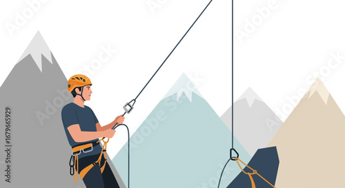Illustration of a climber climbing a mountain using safety ropes for adventure outdoor