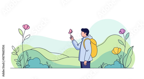 Illustration of a man interacting with a butterfly in a colorful natural landscape