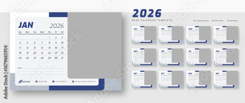 Professional Calendar 2026 template Layout | Corporate desk planner | 12-month monthly view design | Week starts on Sunday