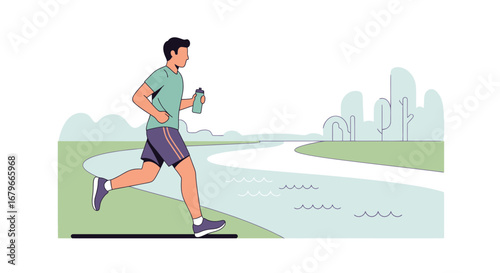 Illustration Of A Man Jogging Outdoors By A River Taking A Drink and Staying Healthy