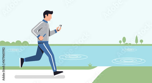 Illustration of a man jogging with a phone in his hand at the park