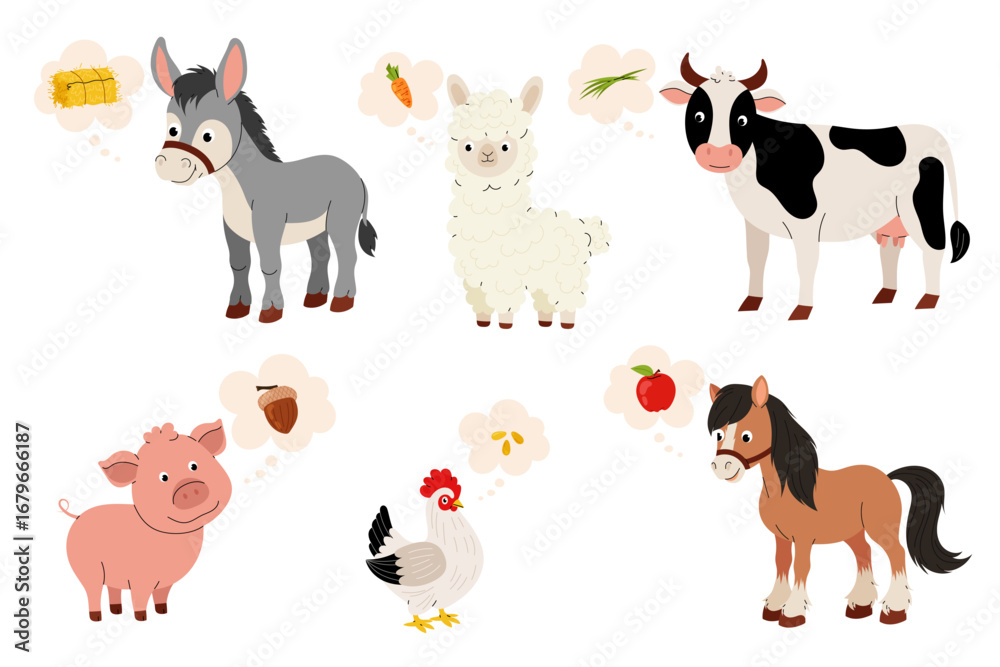 Fototapeta premium What do pets eat? Set cartoon illustration of farm animals cow, pig, donkey, horse, chicken and llama. Pets and their food.