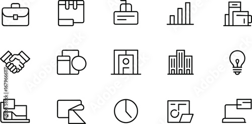 Collection of business and finance related line art icons briefcase