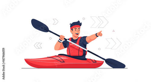 Illustration of a man kayaking with a paddle and pointing towards something