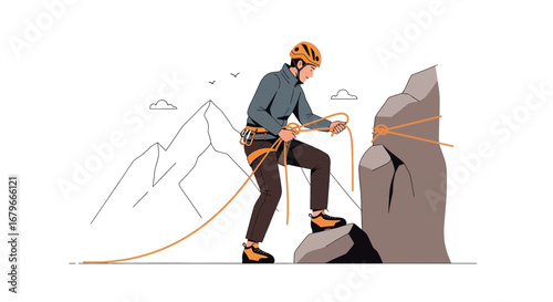 Illustration of a climber scaling a rock face with mountains in the background