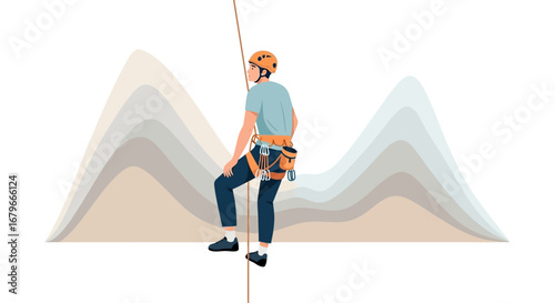 Illustration of a climber scaling a mountain with safety gear and a secure rope