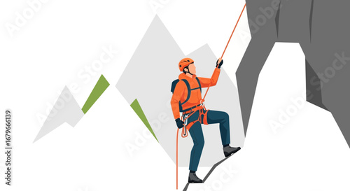 Illustration of a climber scaling a rock face with safety equipment and gear
