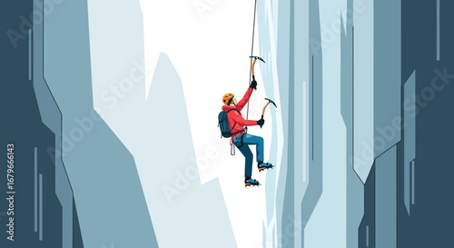 Illustration of a Climber Scaling an Ice Wall with Ice Axes and Ropes in a Landscape