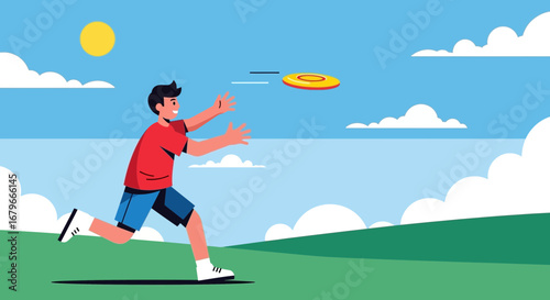 Illustration of a Man Playing Frisbee in a Sunny Day at the Park
