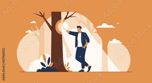 Illustration of a man leaning on a tree in the forest with stylized background design