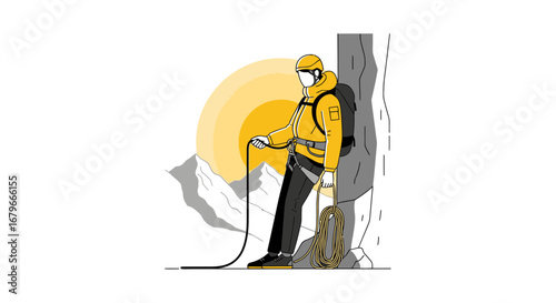 Illustration of a climber standing next to a mountain with a rope during the sunset