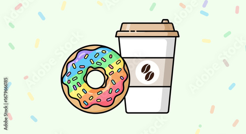 Illustration of a Colorful Donut with Rainbow Glaze and a Cup of Coffee Together
