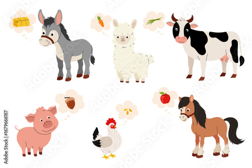 What do pets eat? Set cartoon illustration of farm animals cow, pig, donkey, horse, chicken and llama. Pets and their food. 