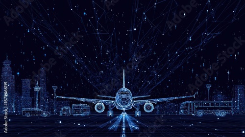 Futuristic airplane taking off from city