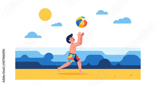 Illustration of a man playing with a beach ball on the beach on a sunny day