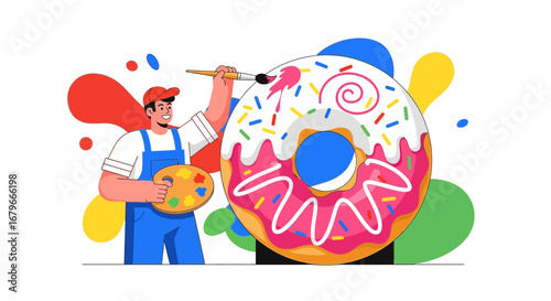 Illustration of a man painting a giant donut making it delicious and colorful