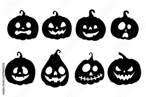 Set of black and white pumpkins with scary faces for holiday decor. Collection of funny Halloween pumpkins.