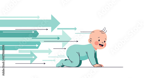 Illustration of a crawling baby with arrows in the background implying growth and development
