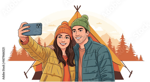 Illustration of a couple taking a selfie in front of a tent in nature