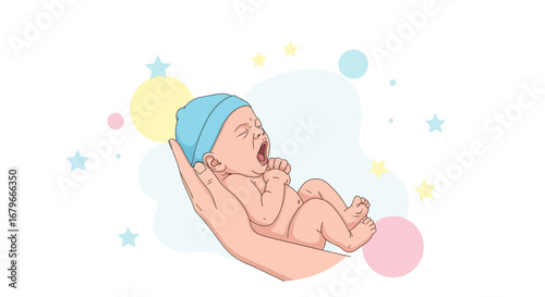 Illustration of a crying newborn baby being held in hands and surrounded by stars and bubbles