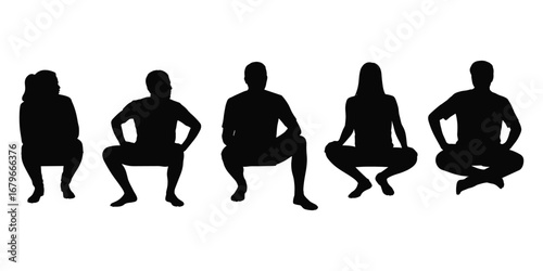 Five Silhouettes Of People In Various Squatting Poses On White crouching sitting