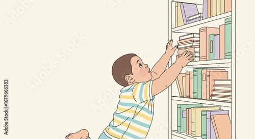 Illustration of a curious toddler reaching for books on a bookshelf for learning