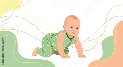 Illustration of a cute baby crawling on a white background with abstract shapes