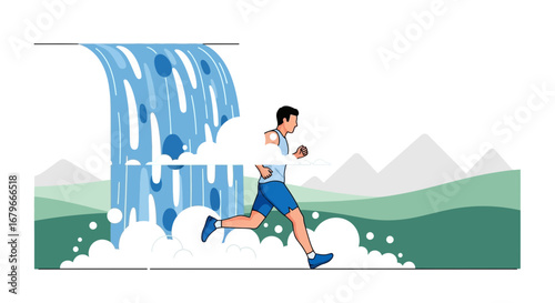 Illustration of a Man Running in Nature Near a Waterfall Vector Art