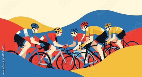 Illustration of a cycling race with a group of cyclists in a colorful style