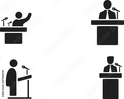 Four Black Icons of Men Speaking at Lecterns with Microphones symbol speaker