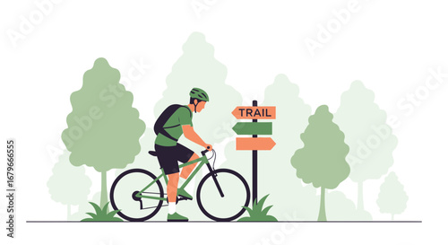 Illustration of a cyclist on a trail ride in a forest setting, vector design