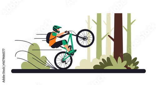 Illustration of a cyclist performing a wheelie on a mountain bike in a forest