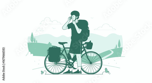 Illustration of a cyclist preparing for a journey with a backpack and bicycle equipment