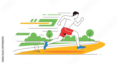 Illustration of a man running on a track with speed lines and green bushes nearby