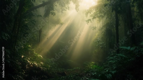 Sacred Sunbeams Illuminating a Misty, Verdant Jungle Wilderness.