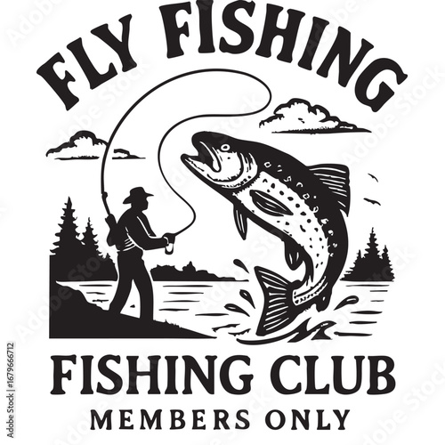 Vintage style fly fishing club emblem featuring a fisherman battling a leaping trout by the water