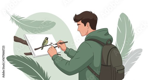 Illustration of a man sketching a bird on a canvas with feathers in the background