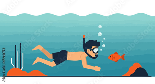 Illustration of a man snorkeling underwater with a snorkel mask, and a fish