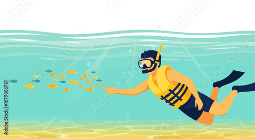 Illustration of a man snorkeling underwater with small fish swimming nearby in the ocean