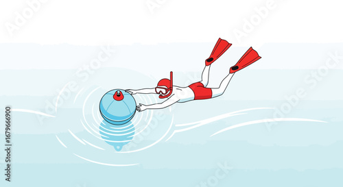 Illustration of a diver swimming underwater with fins and connected to a device