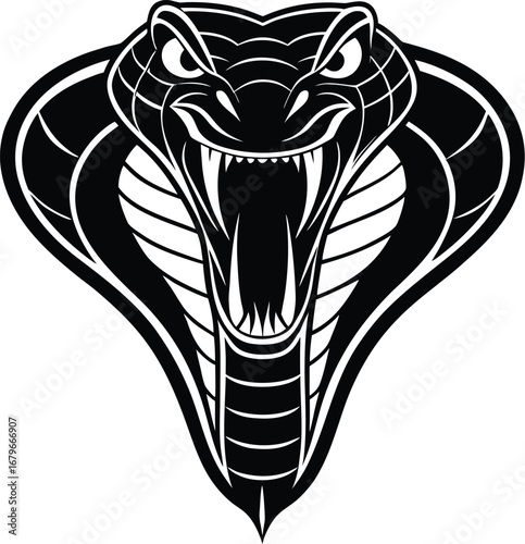 Vector art of aggressive cobra snake with fangs bared and hood flared, ready to strike, a dangerous and menacing symbol of power and venom