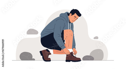 Illustration of a man tying his shoelaces before hiking or going on a trek outdoors