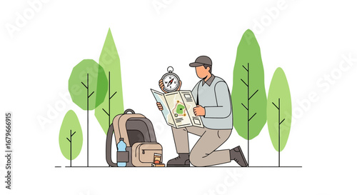 Illustration of a man using a compass and map symbolizing exploration and travel