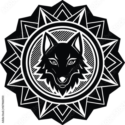 Vector art of stylized wolf head centered within a complex geometric mandala pattern, representing a spiritual or tribal symbol of the wolf