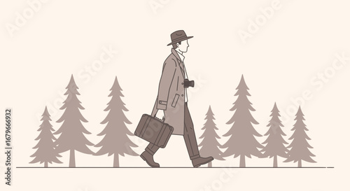 Illustration of a man walking in a forest with a briefcase and a camera