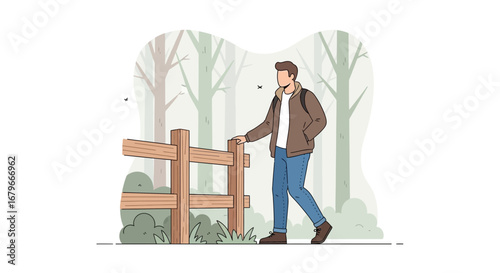 Illustration of a man walking in a forest with a wooden fence in a peaceful scene