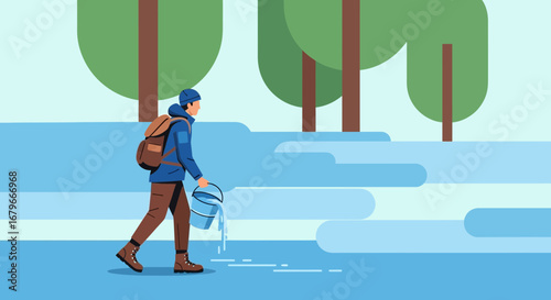 Illustration of a Man Walking Outdoors Carrying a Bucket of Water in a Forest Area