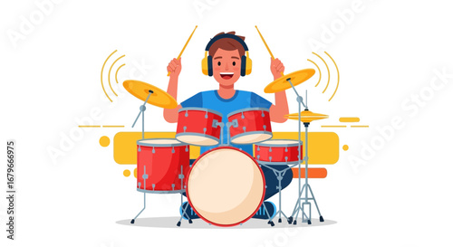 Illustration of a drummer playing a drum set with headphones on, music and audio concept