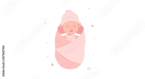 Illustration of a sleeping newborn baby wrapped in a pink blanket on a white background